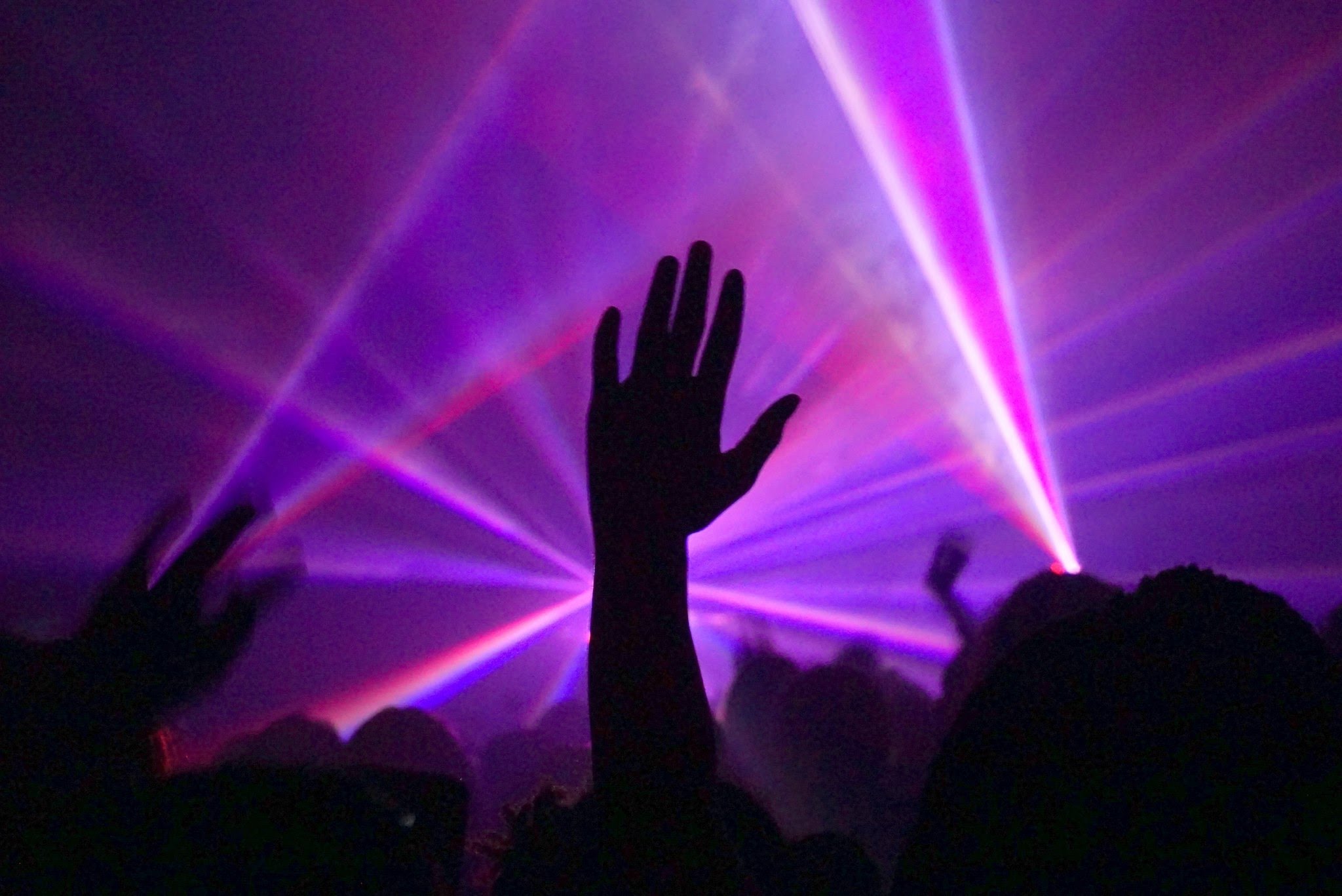 Hands raised in a crowd beneath purple laser light at a Wondergy show