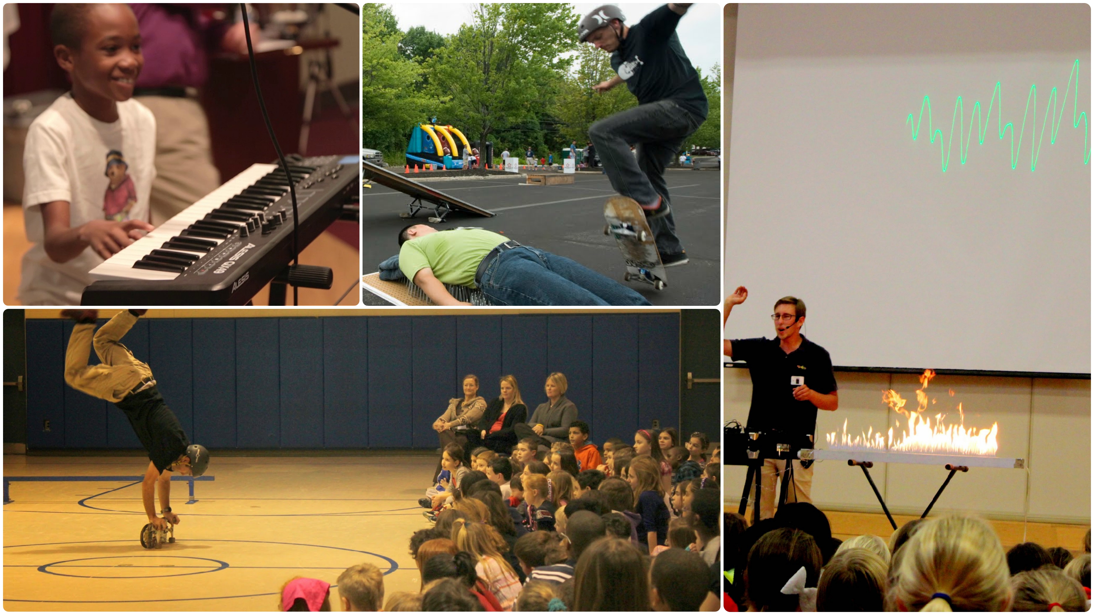 A collage of Wondergy programs on tour, from Cool Science to Skate Science